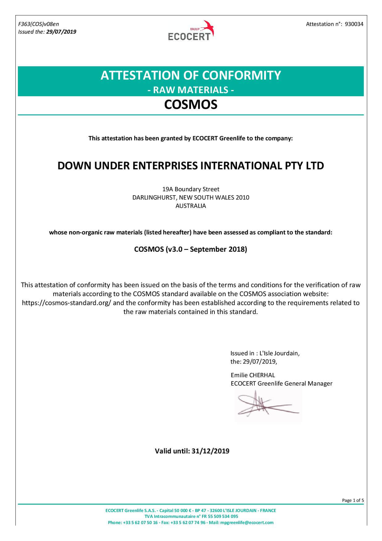 Cosmos Natural by Ecocert Certificate